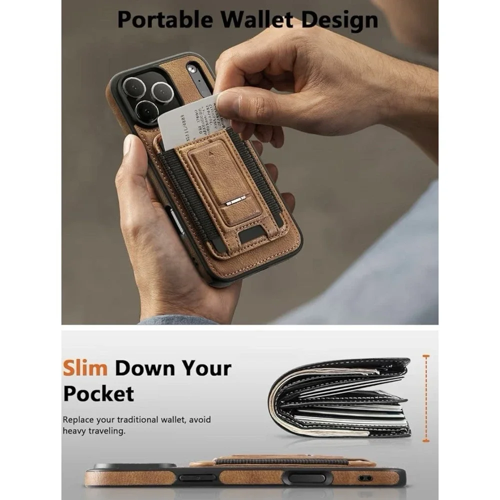 iPhone 17 Pro Leather Case, Wallet Case with Card Holder (3 Cards) & Kickstand